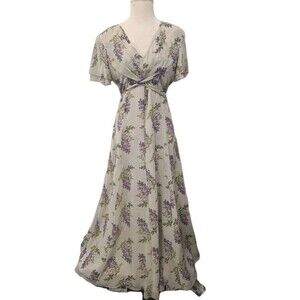 Floral V-Neck Maxi Dress in Light Gray with Purple Floral Print